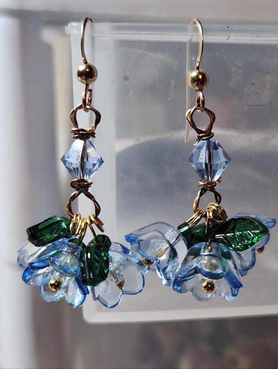 Handmade Jewelry - Handcrafted Blue Glass Flower Drop Earrings with Green Leaves